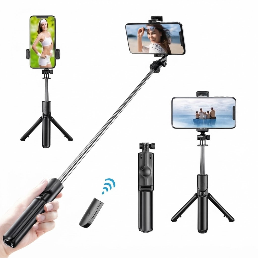 Original R1S Bluetooth Selfie Stick Tripod | 4-in-1 Foldable Selfie Stick with Remote & LED Selfie Light for All Smartphones