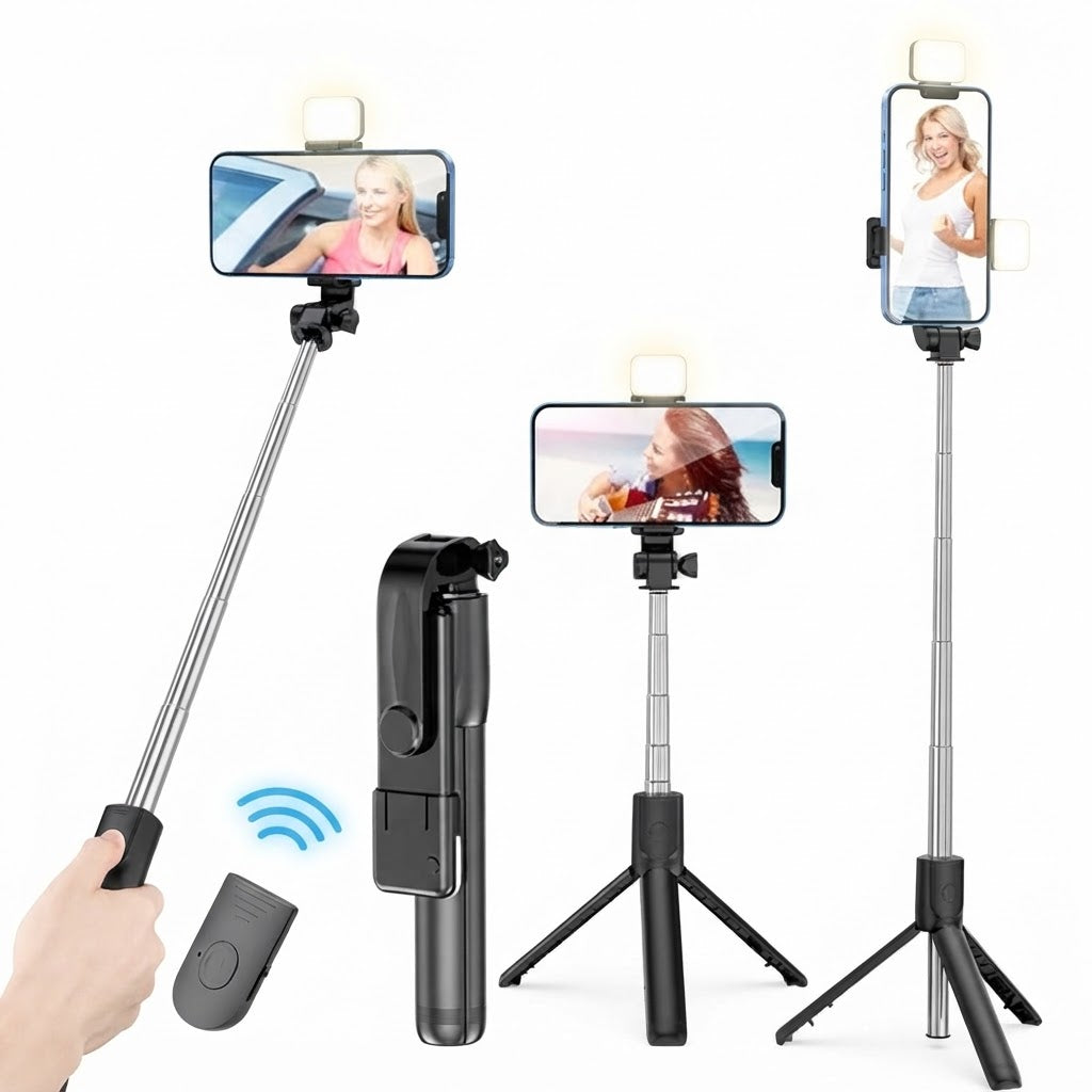 Original R1S Bluetooth Selfie Stick Tripod | 4-in-1 Foldable Selfie Stick with Remote & LED Selfie Light for All Smartphones