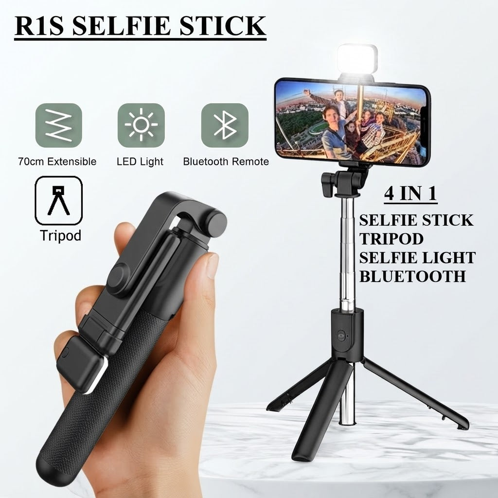 Original R1S Bluetooth Selfie Stick Tripod | 4-in-1 Foldable Selfie Stick with Remote & LED Selfie Light for All Smartphones