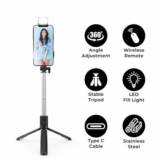 Original R1S Bluetooth Selfie Stick Tripod | 4-in-1 Foldable Selfie Stick with Remote & LED Selfie Light for All Smartphones