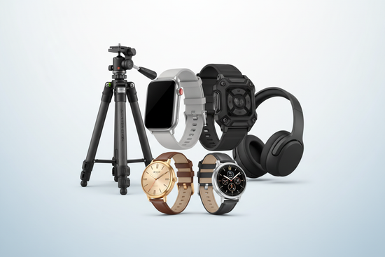 GENERATE A BANNER ACCORDING TO MOBILE CENTER OF FOCUS INCLUDING SMART WATCHES INCLUDING SERIES X WATCH, ULTRA SMART WATCH AND ROUND DIAL WATCHES, TRIPODS AND HEADPHONES